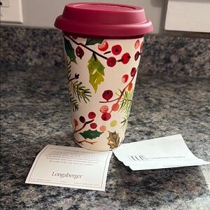 Longaberger Festive Travel Mug with Red Lid